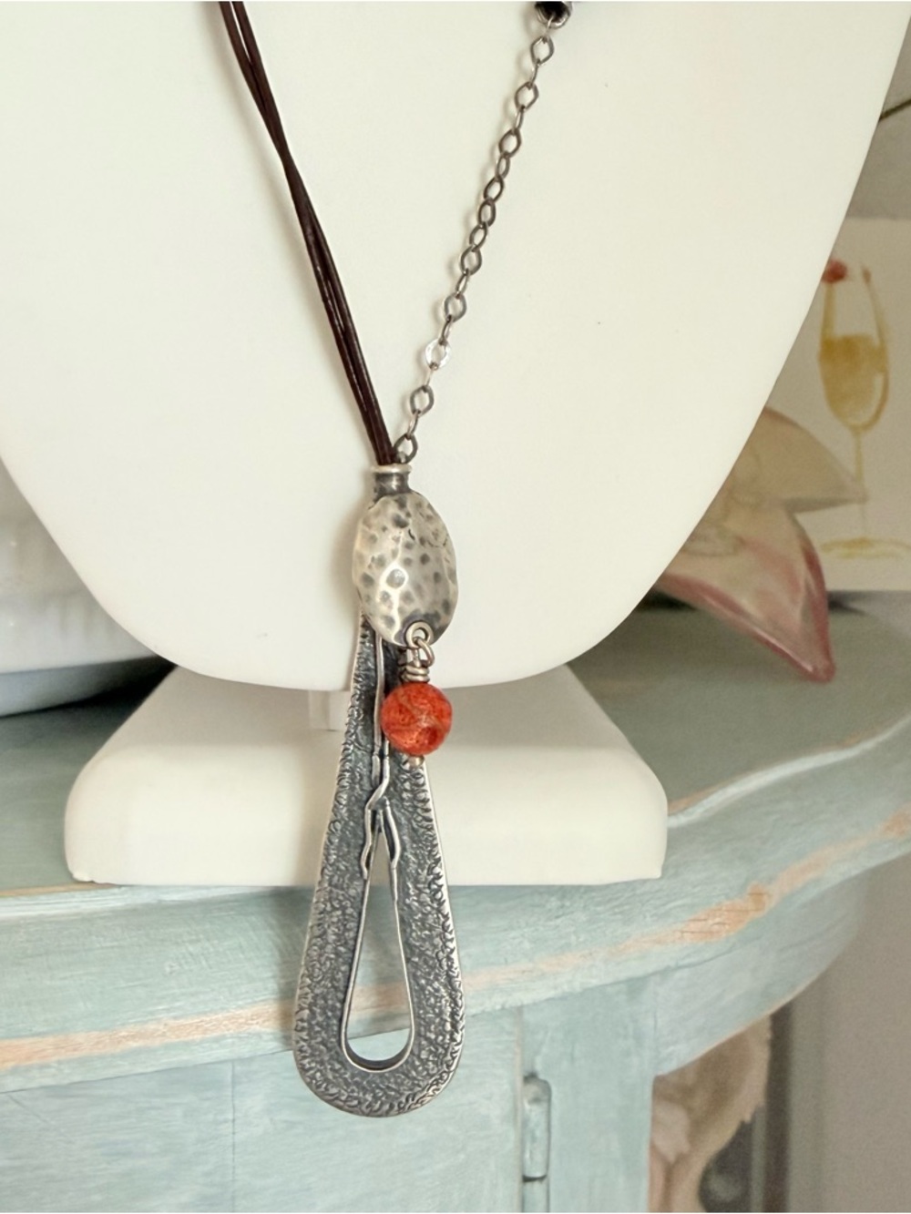 Silpada 925 Sterling Silver Beaded Pendant Leather Necklace - Picture 3 of 10